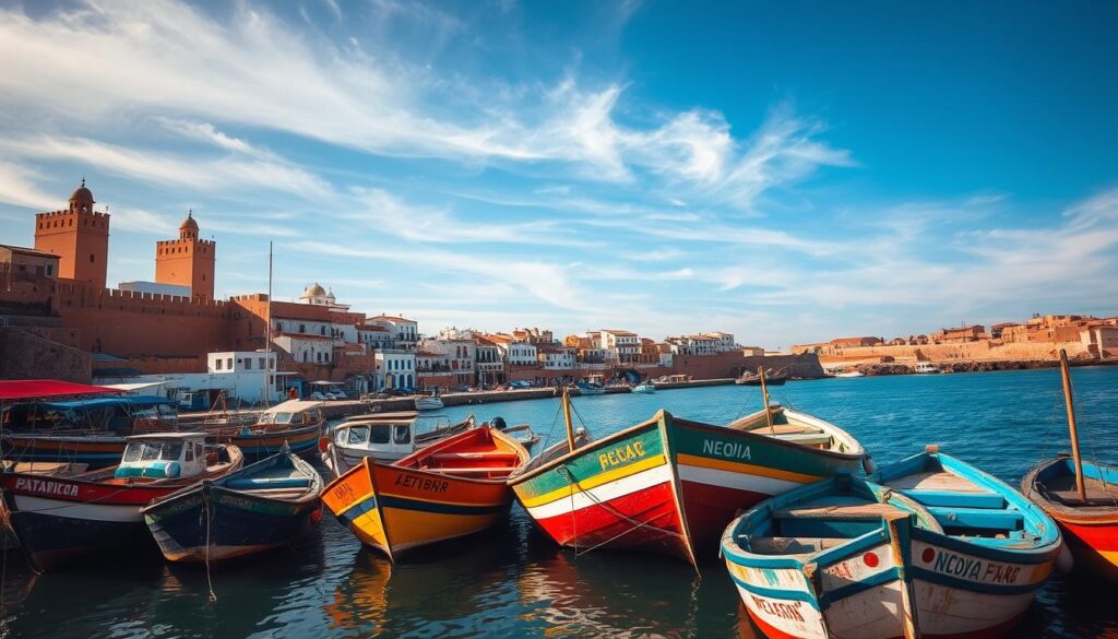 A vibrant scene of Essaouira Medina, the historic walled city on Morocco's windswept Atlantic coast. In the foreground, colorful fishing boats sway gently in the harbor, their weathered hulls reflecting the warm sunlight. Towering ochre-hued ramparts and whitewashed buildings rise up in the middle ground, their intricate architectural details casting long shadows. In the background, the vast open sky is dotted with wispy clouds, and the shimmering blue sea stretches out to the horizon. The atmosphere is one of tranquil seaside charm, blending Moroccan tradition with a touch of coastal breezes. A MyVisitMorocco scene of timeless allure.