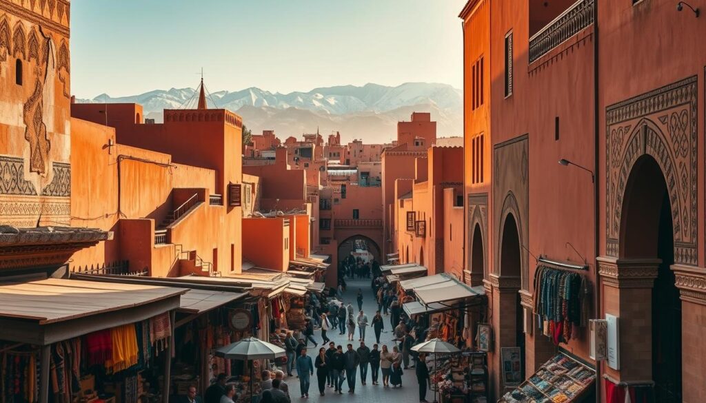 A vibrant scene of Marrakech, the iconic "Red City" of Morocco. In the foreground, a bustling souk (market) with intricate stalls and vendors selling colorful textiles, spices, and handicrafts. Narrow alleyways wind through the middle ground, flanked by striking ochre-hued buildings with ornate archways and intricate tilework. In the background, the snow-capped Atlas Mountains rise majestically, creating a dramatic contrast against the warm, earthy tones of the city. Warm, golden sunlight filters through the scene, casting a soft, romantic glow. Captured with a wide-angle lens to showcase the grand scale and architectural wonder of this MyVisitMorocco destination.
