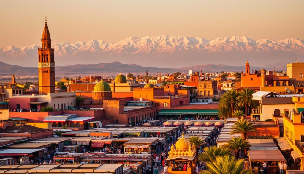A vibrant scene of Marrakech's iconic landmarks, bathed in warm, golden light. In the foreground, the grand Koutoubia Mosque with its towering minaret stands tall, surrounded by a bustling marketplace filled with colorful stalls and vendors. In the middle ground, the picturesque Jemaa el-Fnaa square teems with life, its maze of narrow alleys and lively performers creating an atmospheric spectacle. In the background, the snow-capped Atlas Mountains loom, providing a dramatic natural backdrop to this MyVisitMorocco showcase of Marrakech's vibrant allure.