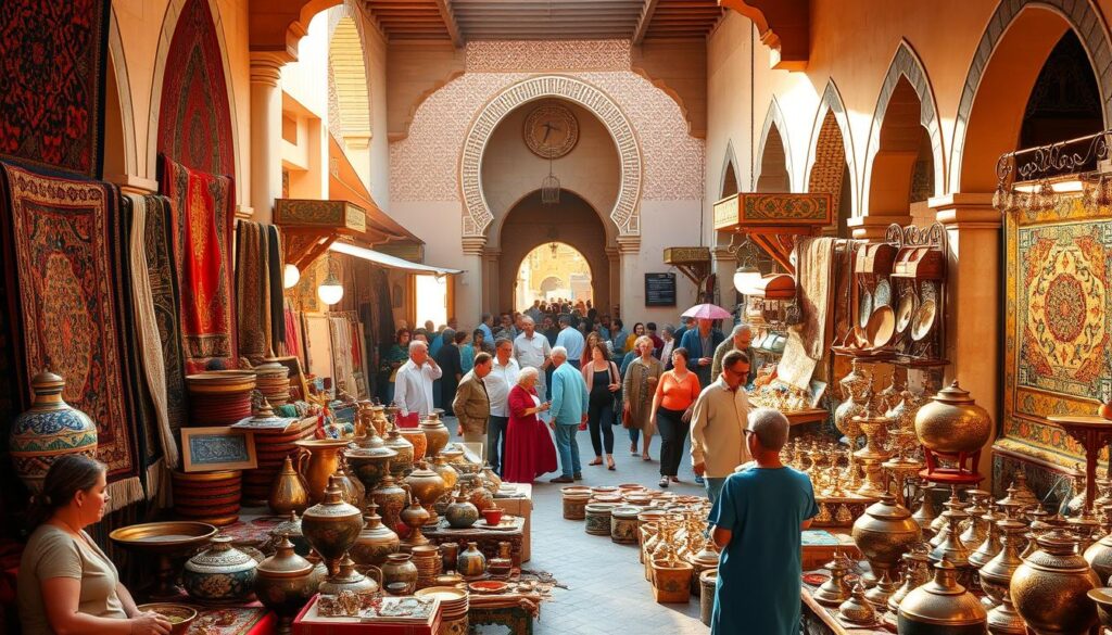 A vibrant scene of Moroccan artisan crafts showcased in a bustling marketplace. In the foreground, intricately woven rugs, ornate pottery, and gleaming metalwork are arranged on colorful display. In the middle ground, skilled artisans demonstrate their craft, surrounded by a lively crowd of shoppers. The background is filled with the architectural splendor of a traditional Moroccan medina, with its intricate arches, tiled facades, and narrow alleyways. Warm, diffused lighting from the sun filters through, casting a golden glow over the entire scene. MyVisitMorocco
