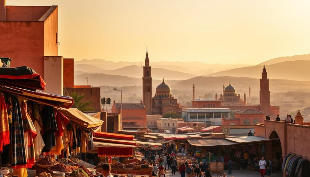 A vibrant scene of Moroccan cities, captured with a wide-angle lens under warm, golden hour lighting. In the foreground, bustling souks and markets brimming with colorful textiles, spices, and crafts. The middle ground features iconic architecture - ornate mosques, towering minarets, and ornamental palaces. In the background, rolling hills and a hazy skyline. The overall atmosphere exudes a sense of cultural richness and timeless allure. MyVisitMorocco.