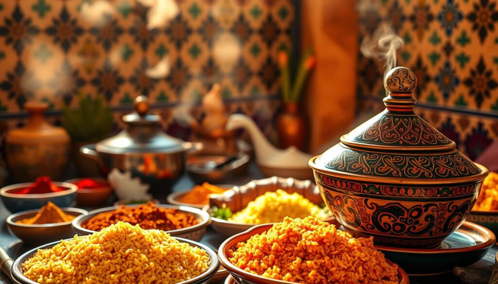 A vibrant scene of Moroccan cuisine, bathed in warm, golden light. In the foreground, an ornate, hand-painted ceramic tagine, its fragrant steam rising. Surrounding it, an array of spices in vibrant hues, their aromas mingling. In the middle ground, a spread of traditional dishes - couscous, lamb skewers, and fragrant, saffron-infused rice. In the background, a lush, tiled wall, adorned with intricate, geometric patterns. The overall mood is one of rich cultural heritage, culinary mastery, and an inviting, sensorial experience. MyVisitMorocco.