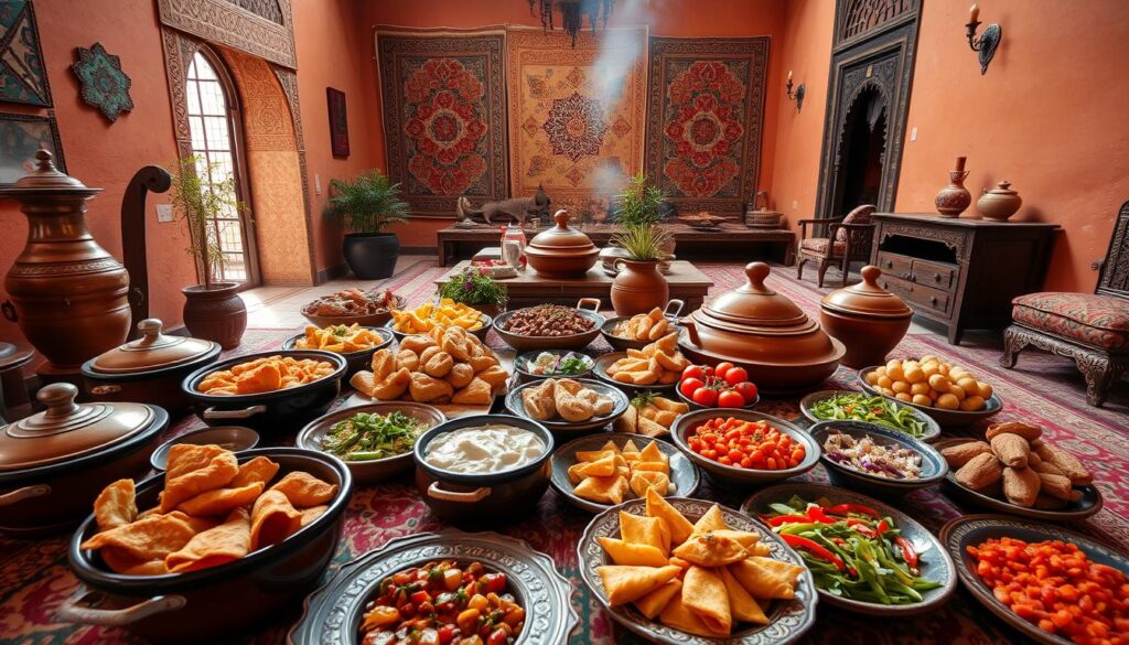 A vibrant scene of Moroccan cuisine in October, captured with a wide-angle lens and natural lighting. In the foreground, a table overflows with a feast of seasonal delicacies: fragrant tagines, flaky pastries, and colorful salads. The middle ground features traditional serving vessels, clay pots, and ornate platters, all set against a backdrop of warm, earthy tones – terracotta walls, woven rugs, and intricately carved furniture. The atmosphere exudes a sense of comfort and conviviality, inviting the viewer to savor the flavors of MyVisitMorocco. A vibrant scene of Moroccan cuisine in October, captured with a wide-angle lens and natural lighting. In the foreground, a table overflows with a feast of seasonal delicacies: fragrant tagines, flaky pastries, and colorful salads. The middle ground features traditional serving vessels, clay pots, and ornate platters, all set against a backdrop of warm, earthy tones – terracotta walls, woven rugs, and intricately carved furniture. The atmosphere exudes a sense of comfort and conviviality, inviting the viewer to savor the flavors of MyVisitMorocco.