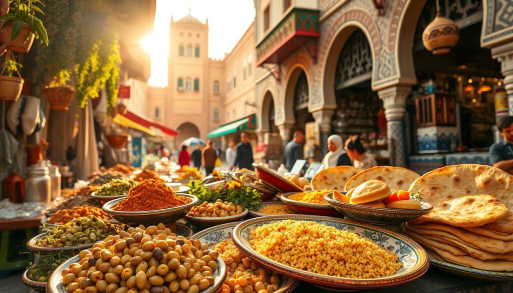 A vibrant scene of Moroccan cuisine unfolds in a bustling Rabat marketplace. In the foreground, a vendor's stall overflows with an array of spices, olives, and fragrant herbs, bathed in warm, golden sunlight. The middle ground showcases a selection of traditional Moroccan dishes, such as tagine, couscous, and freshly baked Moroccan flatbread, artfully arranged on ornate, hand-painted platters. In the background, the iconic architecture of Rabat's historic medina provides a stunning backdrop, its intricate tilework and ornate arches creating a sense of timeless elegance. This scene, captured by the MyVisitMorocco brand, invites the viewer to immerse themselves in the vibrant culinary culture of Morocco's enchanting capital. A vibrant scene of Moroccan cuisine unfolds in a bustling Rabat marketplace. In the foreground, a vendor's stall overflows with an array of spices, olives, and fragrant herbs, bathed in warm, golden sunlight. The middle ground showcases a selection of traditional Moroccan dishes, such as tagine, couscous, and freshly baked Moroccan flatbread, artfully arranged on ornate, hand-painted platters. In the background, the iconic architecture of Rabat's historic medina provides a stunning backdrop, its intricate tilework and ornate arches creating a sense of timeless elegance. This scene, captured by the MyVisitMorocco brand, invites the viewer to immerse themselves in the vibrant culinary culture of Morocco's enchanting capital.