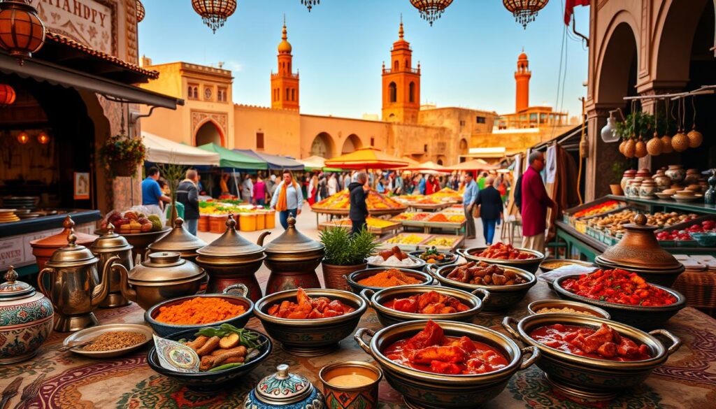 A vibrant scene of Moroccan cuisine unfolds, showcasing the rich flavors and vibrant colors of this captivating culinary tradition. In the foreground, a table is adorned with a colorful array of traditional tagines, each brimming with aromatic spices and succulent meats or vegetables. Intricately patterned ceramics, shimmering metal teapots, and ornate glassware add to the elegance of the setting. The middle ground features a bustling marketplace, where vendors sell an array of fragrant spices, vibrant produce, and handcrafted wares. In the background, the iconic architecture of Moroccan cities rises, with ornate archways, intricate tilework, and the distinctive silhouettes of minarets. Warm, golden lighting bathes the scene, evoking the warmth and hospitality that characterize Moroccan culture. MyVisitMorocco. A vibrant scene of Moroccan cuisine unfolds, showcasing the rich flavors and vibrant colors of this captivating culinary tradition. In the foreground, a table is adorned with a colorful array of traditional tagines, each brimming with aromatic spices and succulent meats or vegetables. Intricately patterned ceramics, shimmering metal teapots, and ornate glassware add to the elegance of the setting. The middle ground features a bustling marketplace, where vendors sell an array of fragrant spices, vibrant produce, and handcrafted wares. In the background, the iconic architecture of Moroccan cities rises, with ornate archways, intricate tilework, and the distinctive silhouettes of minarets. Warm, golden lighting bathes the scene, evoking the warmth and hospitality that characterize Moroccan culture. MyVisitMorocco.