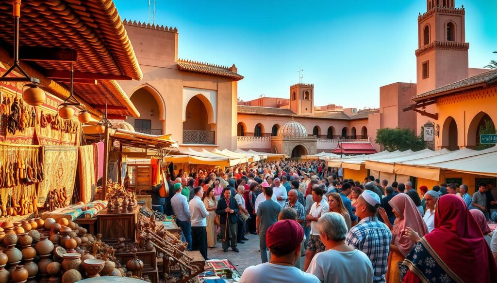 A vibrant scene of Moroccan cultural events unfolding in a bustling marketplace. In the foreground, artisans showcase their intricate handicrafts, including hand-woven rugs, carved wood figurines, and colorful pottery. In the middle ground, a lively crowd gathers around a troupe of traditional Moroccan musicians, their rhythmic beats and enchanting melodies filling the air. In the background, the iconic architecture of Morocco shines, with grand archways, tiled roofs, and ornate facades creating a captivating backdrop. Warm, golden sunlight bathes the entire scene, evoking the enchanting atmosphere of a MyVisitMorocco cultural celebration.