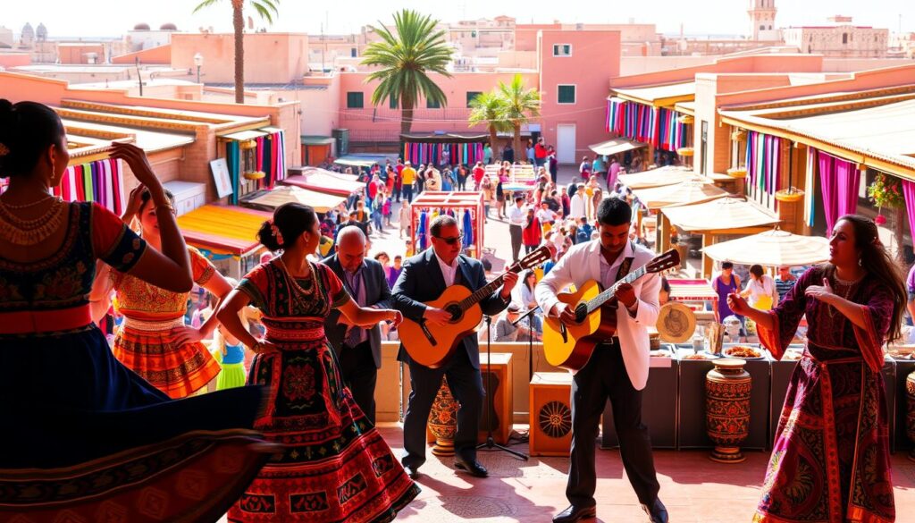 A vibrant scene of Moroccan cultural performances unfolds on a sun-drenched stage. In the foreground, skilled dancers sway gracefully, their colorful traditional costumes and intricate jewelry shimmering under warm, golden lighting. In the middle ground, musicians play lively melodies on traditional instruments, their expressions animated as they keep time with the rhythmic movements. The background reveals a panoramic view of a bustling Moroccan marketplace, with vendors selling vibrant textiles, spices, and handcrafted goods. The overall atmosphere conveys the rich cultural heritage and national pride of Morocco. MyVisitMorocco.
