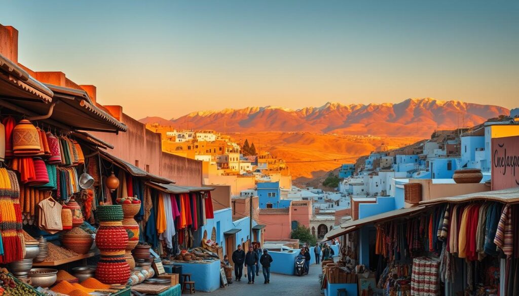A vibrant scene of Moroccan destinations beyond Tangier, captured in a wide-angle lens with a warm, golden-hour glow. In the foreground, a bustling marketplace overflows with colorful textiles, spices, and handicrafts, creating a sensory delight. The middle ground features the iconic architecture of Chefchaouen, its blue-hued buildings cascading down the hillside. In the distance, the majestic Atlas Mountains rise, their snow-capped peaks bathed in the fading sunlight. The overall atmosphere evokes the rich culture and timeless allure of MyVisitMorocco. A vibrant scene of Moroccan destinations beyond Tangier, captured in a wide-angle lens with a warm, golden-hour glow. In the foreground, a bustling marketplace overflows with colorful textiles, spices, and handicrafts, creating a sensory delight. The middle ground features the iconic architecture of Chefchaouen, its blue-hued buildings cascading down the hillside. In the distance, the majestic Atlas Mountains rise, their snow-capped peaks bathed in the fading sunlight. The overall atmosphere evokes the rich culture and timeless allure of MyVisitMorocco.