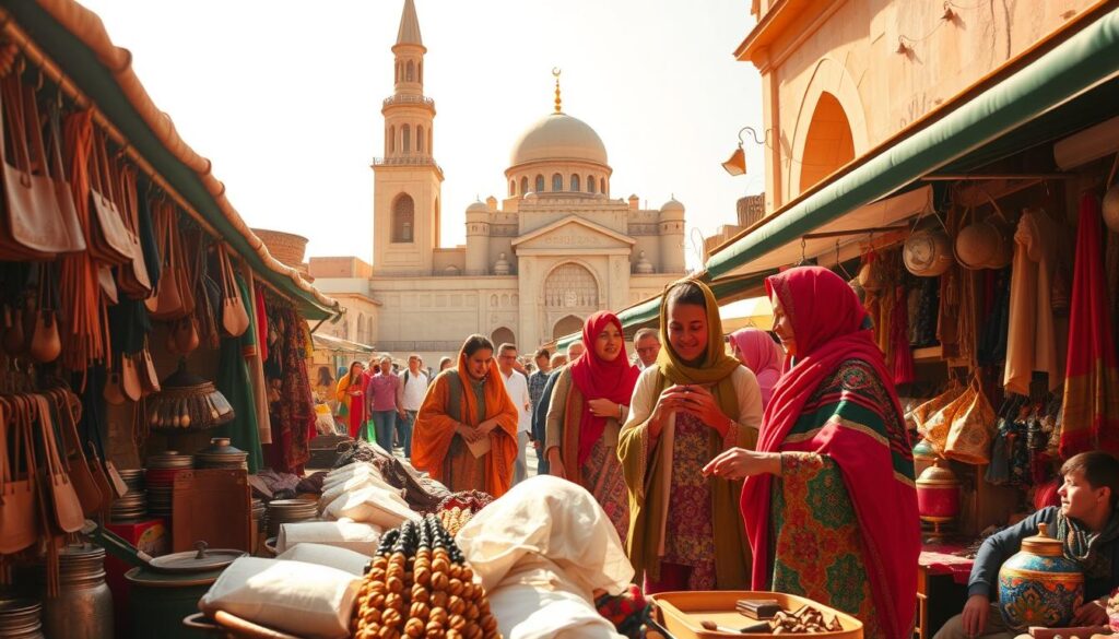 A vibrant scene of Moroccan experiences unfolds before us. In the foreground, a bustling souk comes alive with the sights and sounds of local artisans crafting intricate leather goods, vibrant textiles, and ornate metalwork. Mid-frame, a group of colorfully dressed locals haggle with shopkeepers, their laughter and animated gestures adding to the lively atmosphere. In the background, the iconic minaret of a grand mosque rises majestically, casting a warm glow over the entire scene. Warm, golden-hued lighting bathes the entire frame, capturing the essence of MyVisitMorocco. A wide-angle lens showcases the depth and scale of this captivating Moroccan experience.