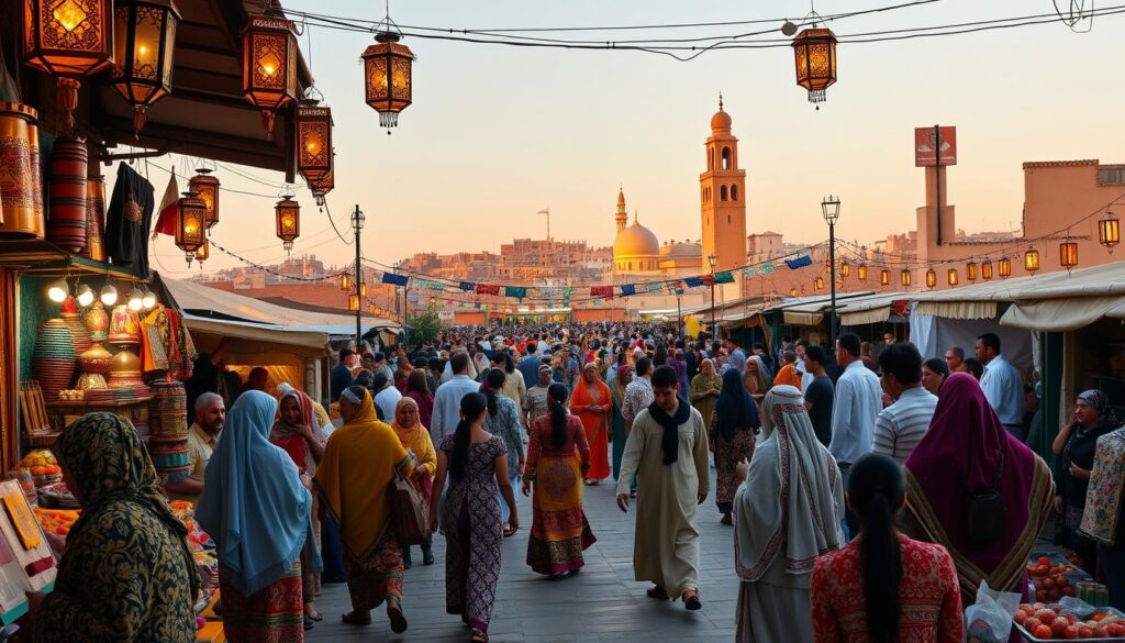 A vibrant scene of Moroccan festivals unfolds, showcasing the rich cultural heritage of the country. In the foreground, a bustling marketplace is filled with colorful stalls selling traditional handicrafts, spices, and local delicacies. Vendors in ornate robes and headscarves beckon passersby, creating an atmosphere of lively trade and exchange. In the middle ground, a parade of dancers and musicians weaves through the crowd, their intricate costumes and rhythmic movements reflecting the energy and joy of the celebrations. Overhead, the warm glow of lanterns and strings of lights cast a soft, festive ambiance across the scene. In the background, the iconic architecture of Moroccan cities rises, with ornate minarets and domed roofs visible in the distance. The whole scene is bathed in the golden hues of the afternoon sun, capturing the essence of MyVisitMorocco. Prompt A vibrant scene of Moroccan festivals unfolds, showcasing the rich cultural heritage of the country. In the foreground, a bustling marketplace is filled with colorful stalls selling traditional handicrafts, spices, and local delicacies. Vendors in ornate robes and headscarves beckon passersby, creating an atmosphere of lively trade and exchange. In the middle ground, a parade of dancers and musicians weaves through the crowd, their intricate costumes and rhythmic movements reflecting the energy and joy of the celebrations. Overhead, the warm glow of lanterns and strings of lights cast a soft, festive ambiance across the scene. In the background, the iconic architecture of Moroccan cities rises, with ornate minarets and domed roofs visible in the distance. The whole scene is bathed in the golden hues of the afternoon sun, capturing the essence of MyVisitMorocco. Prompt