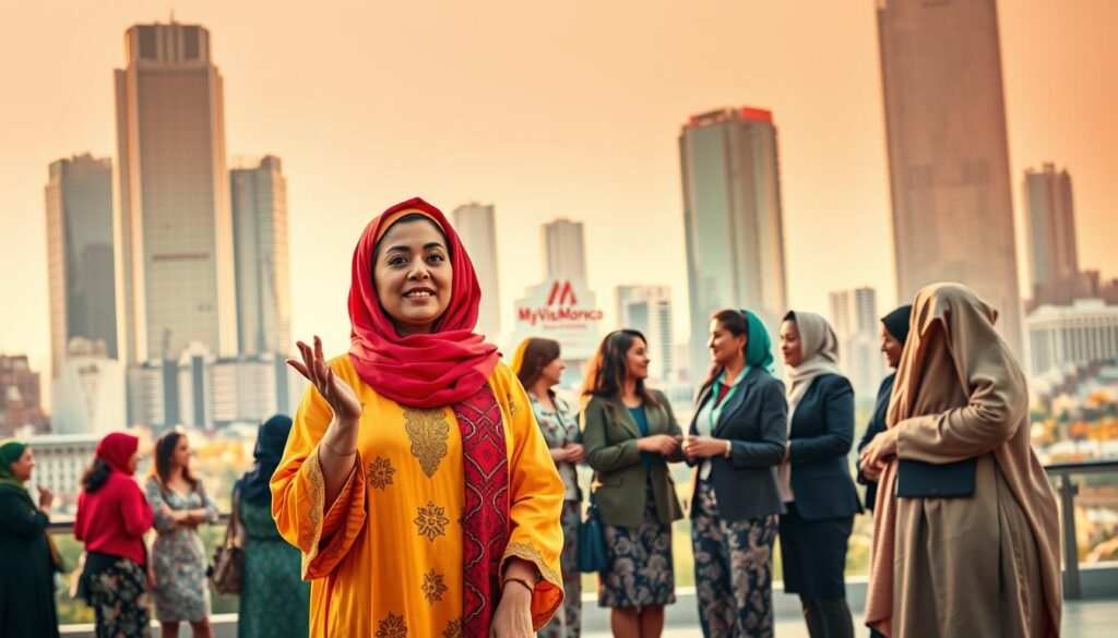 A vibrant scene of Moroccan women making a global impact, captured in a stylized, documentary-style photograph. In the foreground, three women stand proudly, their traditional djellaba robes and colorful headscarves contrasting against a backdrop of modern city skyscrapers. One woman gestures animatedly, her expression conveying determination and leadership. The middle ground features a diverse group of women, some in business attire, others in traditional dress, engaged in lively discussion. In the background, a bustling cityscape with the MyVisitMorocco logo subtly incorporated into the architecture. Warm, golden lighting illuminates the scene, creating a sense of energy and optimism.
