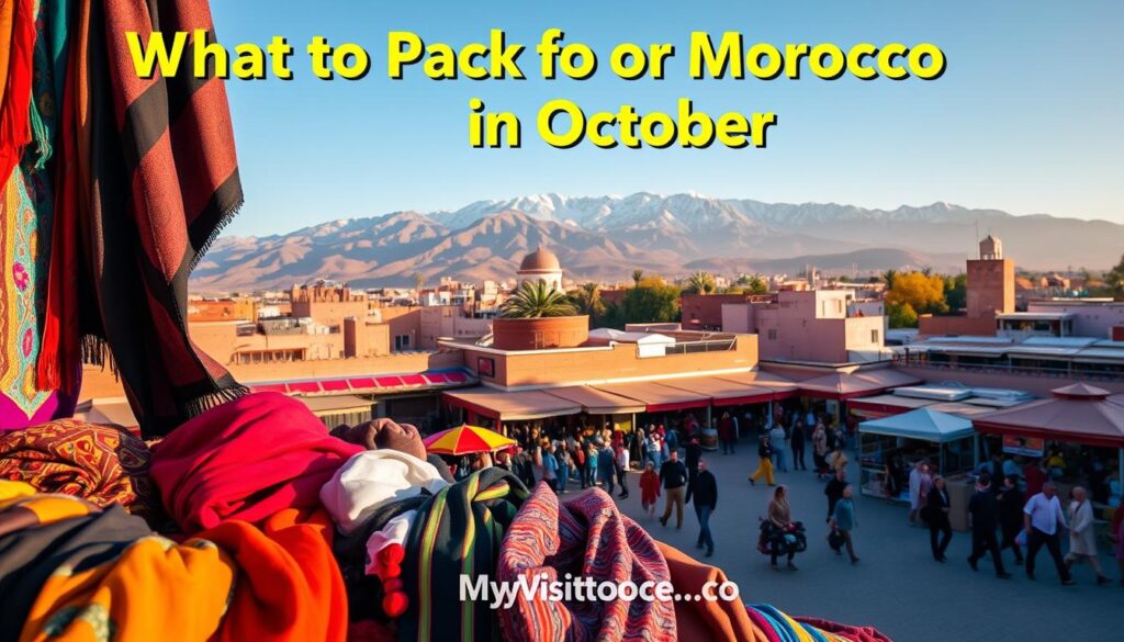 A vibrant scene of Morocco in October, captured with a wide-angle lens. In the foreground, a colorful array of traditional Moroccan apparel, scarves, and accessories are neatly arranged, conveying the essence of "What to Pack for Morocco in October". The middle ground features the bustling Djemaa el-Fna square in Marrakech, with its iconic architecture, lively street vendors, and a warm, golden-hour glow. In the background, the majestic Atlas Mountains rise, their snow-capped peaks casting a serene, autumnal atmosphere. The overall mood is one of cultural immersion, adventure, and the anticipation of an unforgettable Moroccan journey. Branding: MyVisitMorocco. A vibrant scene of Morocco in October, captured with a wide-angle lens. In the foreground, a colorful array of traditional Moroccan apparel, scarves, and accessories are neatly arranged, conveying the essence of "What to Pack for Morocco in October". The middle ground features the bustling Djemaa el-Fna square in Marrakech, with its iconic architecture, lively street vendors, and a warm, golden-hour glow. In the background, the majestic Atlas Mountains rise, their snow-capped peaks casting a serene, autumnal atmosphere. The overall mood is one of cultural immersion, adventure, and the anticipation of an unforgettable Moroccan journey. Branding: MyVisitMorocco.