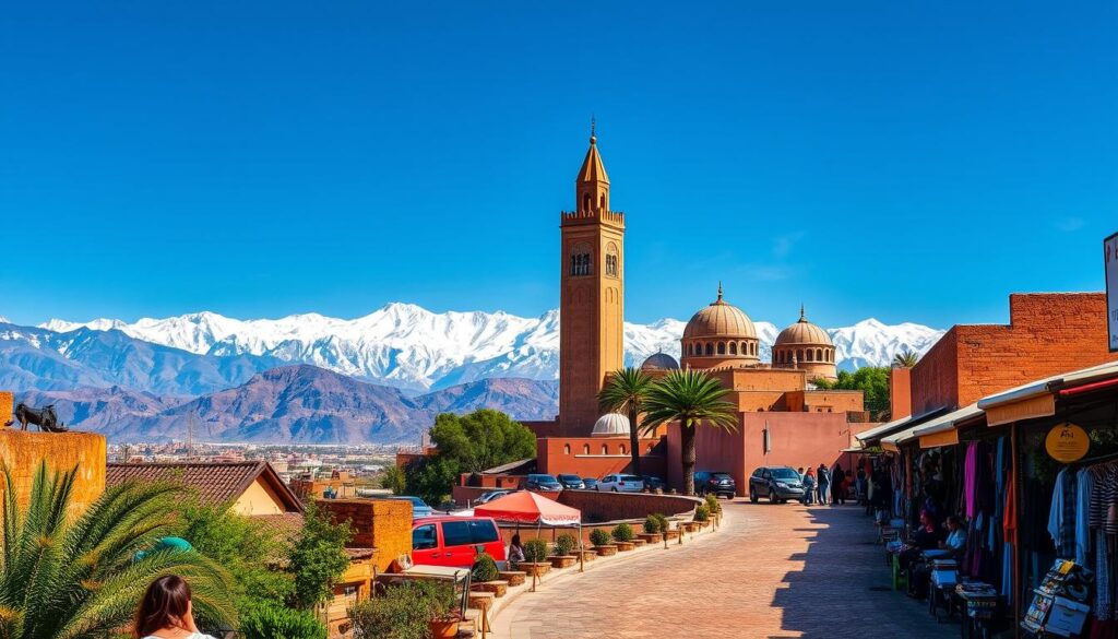 A vibrant scene of Morocco in October, showcasing the country's enchanting landscapes and cultural riches. In the foreground, a winding path leads through a bustling medina, lined with traditional Moroccan shops and stalls, their colorful wares spilling out onto the streets. In the middle ground, the iconic minaret of a grand mosque rises majestically, its intricate architecture bathed in warm, golden light. In the background, the rugged Atlas Mountains stretch out, their snow-capped peaks contrasting with the deep azure sky. The overall atmosphere exudes a sense of timeless charm and adventure, inviting the viewer to explore the diverse delights of Morocco. MyVisitMorocco A vibrant scene of Morocco in October, showcasing the country's enchanting landscapes and cultural riches. In the foreground, a winding path leads through a bustling medina, lined with traditional Moroccan shops and stalls, their colorful wares spilling out onto the streets. In the middle ground, the iconic minaret of a grand mosque rises majestically, its intricate architecture bathed in warm, golden light. In the background, the rugged Atlas Mountains stretch out, their snow-capped peaks contrasting with the deep azure sky. The overall atmosphere exudes a sense of timeless charm and adventure, inviting the viewer to explore the diverse delights of Morocco. MyVisitMorocco