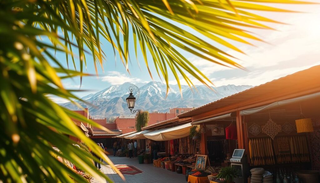 A vibrant scene of Morocco in spring, captured with a wide-angle lens. In the foreground, lush green palm fronds sway gently, their leaves filtering warm, golden sunlight. The middle ground features a bustling Moroccan marketplace, with colorful stalls selling fragrant spices, handwoven rugs, and intricate metalwork. In the background, the iconic snow-capped Atlas Mountains rise majestically, their peaks touched by wispy clouds. The overall mood is one of vitality and cultural richness, embodying the essence of a MyVisitMorocco experience during this enchanting time of year.