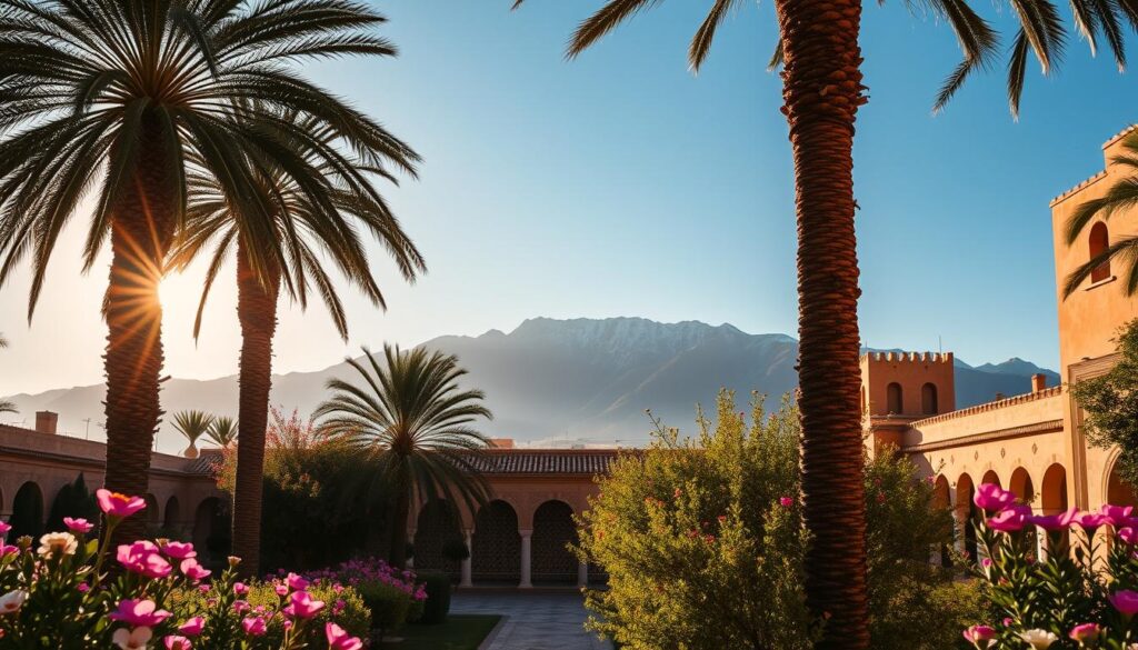 A vibrant scene of Morocco in springtime, captured through the lens of a professional travel photographer. In the foreground, a lush oasis with towering date palms and blooming flowers, their petals dancing in the gentle breeze. The middle ground features a traditional Moroccan courtyard, its intricate tilework and archways bathed in warm, golden sunlight. In the background, the majestic Atlas Mountains rise, their snow-capped peaks gleaming under a clear, azure sky. The overall mood is one of serenity and timeless elegance, perfectly embodying the "Ideal Spring Conditions" of April in Morocco. MyVisitMorocco A vibrant scene of Morocco in springtime, captured through the lens of a professional travel photographer. In the foreground, a lush oasis with towering date palms and blooming flowers, their petals dancing in the gentle breeze. The middle ground features a traditional Moroccan courtyard, its intricate tilework and archways bathed in warm, golden sunlight. In the background, the majestic Atlas Mountains rise, their snow-capped peaks gleaming under a clear, azure sky. The overall mood is one of serenity and timeless elegance, perfectly embodying the "Ideal Spring Conditions" of April in Morocco. MyVisitMorocco