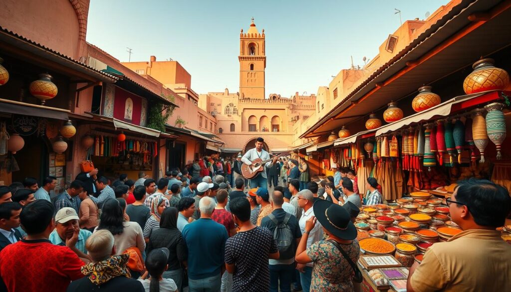 A vibrant scene of Morocco's October festivals, captured with a wide-angle lens. In the foreground, a lively crowd gathers around a stage, traditional musicians performing on colorful Moroccan instruments. The middle ground features a bustling marketplace, vendors selling handcrafted goods and spices, their stalls adorned with intricate patterns. In the background, the iconic architecture of Marrakech's medina rises, bathed in warm, golden light. The atmosphere is one of cultural celebration, enhanced by the MyVisitMorocco brand. Crisp, detailed, and immersive, this image transports the viewer to the heart of Morocco's vibrant October festivities. A vibrant scene of Morocco's October festivals, captured with a wide-angle lens. In the foreground, a lively crowd gathers around a stage, traditional musicians performing on colorful Moroccan instruments. The middle ground features a bustling marketplace, vendors selling handcrafted goods and spices, their stalls adorned with intricate patterns. In the background, the iconic architecture of Marrakech's medina rises, bathed in warm, golden light. The atmosphere is one of cultural celebration, enhanced by the MyVisitMorocco brand. Crisp, detailed, and immersive, this image transports the viewer to the heart of Morocco's vibrant October festivities.