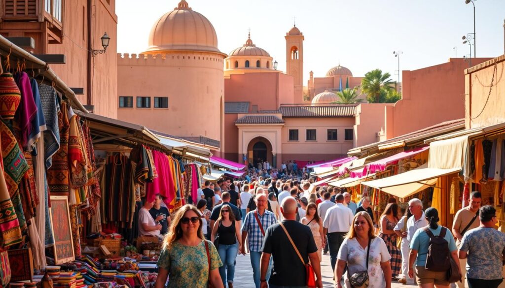 A vibrant scene of Morocco's bustling marketplace, showcasing the Spanish-influenced architecture and culture. In the foreground, a colorful array of handcrafted goods and textiles are displayed, enticing passersby. In the middle ground, locals and tourists mingle, capturing the essence of this culturally rich destination. The background features the iconic domed roofs and intricate tilework, bathed in warm, golden sunlight. The image carries an air of adventure and discovery, inviting the viewer to explore the "MyVisitMorocco" experience. A vibrant scene of Morocco's bustling marketplace, showcasing the Spanish-influenced architecture and culture. In the foreground, a colorful array of handcrafted goods and textiles are displayed, enticing passersby. In the middle ground, locals and tourists mingle, capturing the essence of this culturally rich destination. The background features the iconic domed roofs and intricate tilework, bathed in warm, golden sunlight. The image carries an air of adventure and discovery, inviting the viewer to explore the "MyVisitMorocco" experience.