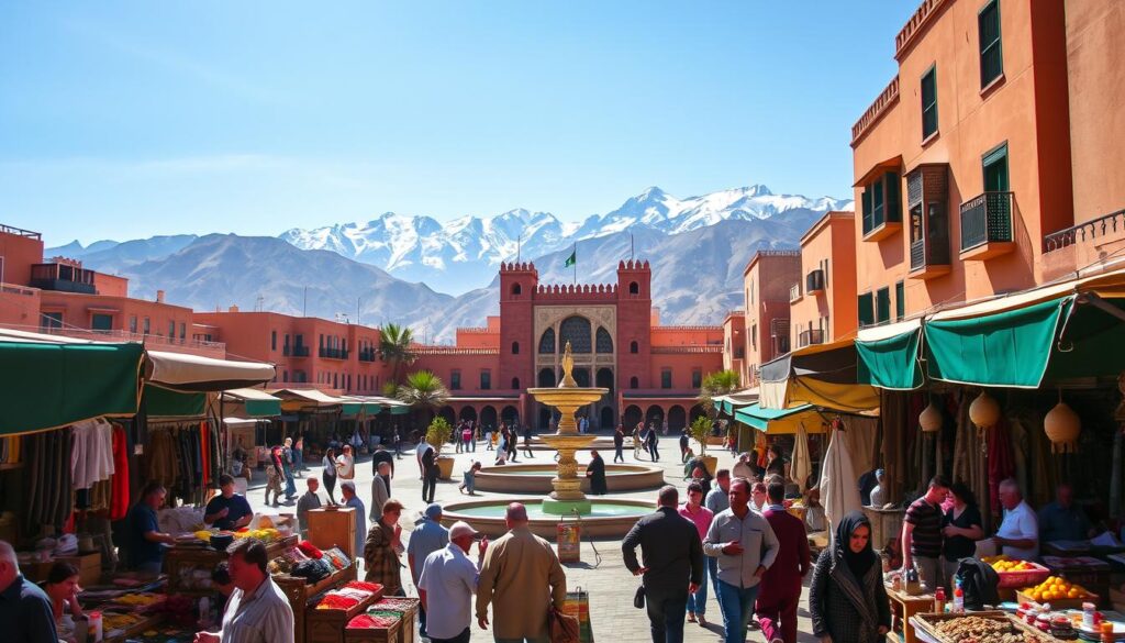 A vibrant scene of Morocco's captivating 3-day experience. In the foreground, a bustling souk with merchants haggling over handcrafted wares, their stalls adorned with colorful textiles and spices. In the middle ground, a sun-dappled plaza with a grand, ornate fountain, flanked by towering, ochre-hued buildings. In the background, the majestic Atlas Mountains rise, their snow-capped peaks glimmering under a warm, golden light. The atmosphere is alive with the scent of mint tea, the sounds of lively chatter, and the energy of MyVisitMorocco. A visually stunning representation of Morocco's captivating 3-day adventure. A vibrant scene of Morocco's captivating 3-day experience. In the foreground, a bustling souk with merchants haggling over handcrafted wares, their stalls adorned with colorful textiles and spices. In the middle ground, a sun-dappled plaza with a grand, ornate fountain, flanked by towering, ochre-hued buildings. In the background, the majestic Atlas Mountains rise, their snow-capped peaks glimmering under a warm, golden light. The atmosphere is alive with the scent of mint tea, the sounds of lively chatter, and the energy of MyVisitMorocco. A visually stunning representation of Morocco's captivating 3-day adventure.