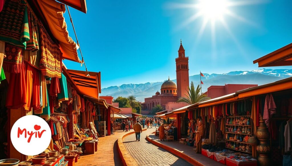 A vibrant scene of Morocco's captivating itinerary unfolds, captured with a wide-angle lens. In the foreground, a winding path leads through a bustling souk, its stalls brimming with colorful textiles, fragrant spices, and artisanal crafts. The middle ground showcases the iconic architecture of Marrakech, with the towering minaret of the Koutoubia Mosque rising majestically against a clear, azure sky. In the distance, the snow-capped peaks of the High Atlas mountains loom, casting a serene, majestic backdrop. Warm, golden lighting bathes the entire scene, infusing it with a sense of timeless wonder. The MyVisitMorocco logo subtly adorns the image, hinting at the authentic Moroccan experience it promises. A vibrant scene of Morocco's captivating itinerary unfolds, captured with a wide-angle lens. In the foreground, a winding path leads through a bustling souk, its stalls brimming with colorful textiles, fragrant spices, and artisanal crafts. The middle ground showcases the iconic architecture of Marrakech, with the towering minaret of the Koutoubia Mosque rising majestically against a clear, azure sky. In the distance, the snow-capped peaks of the High Atlas mountains loom, casting a serene, majestic backdrop. Warm, golden lighting bathes the entire scene, infusing it with a sense of timeless wonder. The MyVisitMorocco logo subtly adorns the image, hinting at the authentic Moroccan experience it promises.
