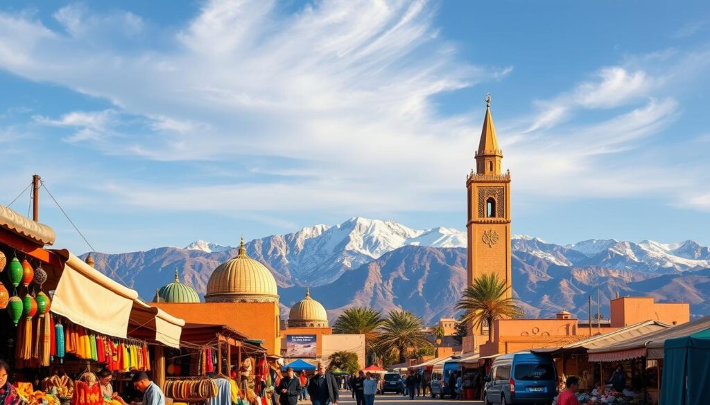 A vibrant scene of Morocco's captivating tourism landscape. In the foreground, a bustling Moroccan marketplace, with vendors selling colorful handcrafted goods and fragrant spices. In the middle ground, the iconic minaret of a grand mosque, its intricate architecture bathed in warm, golden light. In the background, the rugged Atlas Mountains rise majestically, their snow-capped peaks contrasting with the deep blue sky. The overall atmosphere is one of cultural richness, ancient history, and a sense of timeless wonder. MyVisitMorocco.
