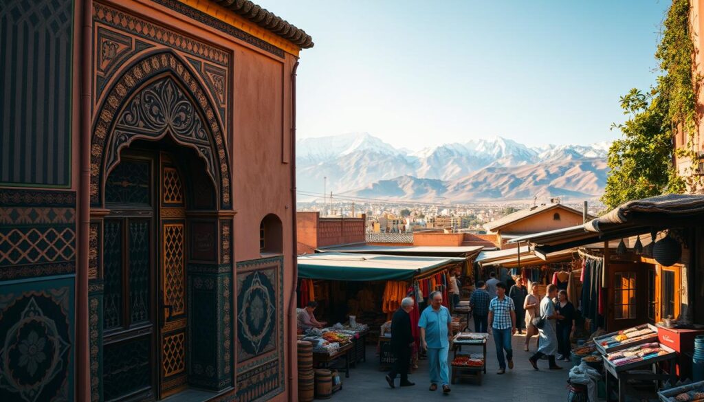 A vibrant scene of Morocco's cultural heritage, captured in a cinematic lens. In the foreground, intricate patterns adorn the walls of a traditional Moroccan building, its ornate doorway a gateway to the nation's storied past. In the middle ground, a bustling marketplace comes alive, with vendors selling an array of spices, textiles, and handcrafted wares. The background is a panoramic view of the Atlas Mountains, their snow-capped peaks providing a majestic backdrop. The warm, golden light bathes the entire scene, evoking a sense of timelessness and the enduring spirit of Morocco. MyVisitMorocco.