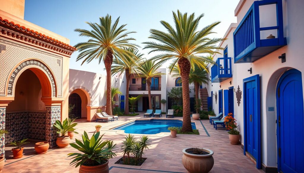 A vibrant scene of Morocco's diverse accommodation options, captured with a wide-angle lens and warm natural lighting. In the foreground, a traditional riad with ornate tiled archways and potted plants. In the middle ground, a modern boutique hotel with a sleek, minimalist exterior. In the background, a lush oasis of lush palm trees and a shimmering swimming pool. Interspersed throughout, the iconic blue doors and whitewashed walls of charming guesthouses. The overall atmosphere evokes the rich cultural heritage and laidback luxury of MyVisitMorocco. A vibrant scene of Morocco's diverse accommodation options, captured with a wide-angle lens and warm natural lighting. In the foreground, a traditional riad with ornate tiled archways and potted plants. In the middle ground, a modern boutique hotel with a sleek, minimalist exterior. In the background, a lush oasis of lush palm trees and a shimmering swimming pool. Interspersed throughout, the iconic blue doors and whitewashed walls of charming guesthouses. The overall atmosphere evokes the rich cultural heritage and laidback luxury of MyVisitMorocco.