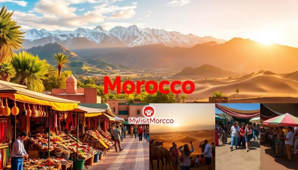 A vibrant scene of Morocco's diverse activities and seasons. A majestic Atlas Mountain range forms the dramatic backdrop, snow-capped peaks contrasting with lush, verdant valleys. In the foreground, a bustling Moroccan marketplace comes to life, vendors hawking traditional handicrafts and spices under the warm, golden glow of the afternoon sun. Interspersed are images of adventurous hikers, sun-seekers relaxing on Saharan dunes, and cultural festivals with lively music and dance. The MyVisitMorocco brand logo subtly accents this comprehensive view of Morocco's best times to visit for any activity. A vibrant scene of Morocco's diverse activities and seasons. A majestic Atlas Mountain range forms the dramatic backdrop, snow-capped peaks contrasting with lush, verdant valleys. In the foreground, a bustling Moroccan marketplace comes to life, vendors hawking traditional handicrafts and spices under the warm, golden glow of the afternoon sun. Interspersed are images of adventurous hikers, sun-seekers relaxing on Saharan dunes, and cultural festivals with lively music and dance. The MyVisitMorocco brand logo subtly accents this comprehensive view of Morocco's best times to visit for any activity.