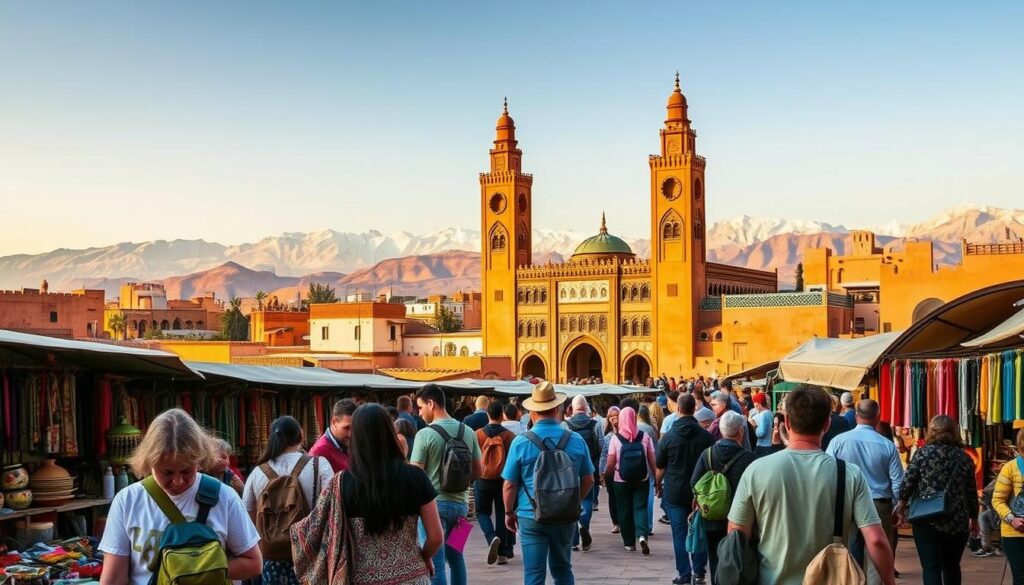 A vibrant scene of Morocco's enchanting landscapes unfolds before the viewer. In the foreground, a group of travelers explore a bustling souk, examining the intricate wares and vibrant textiles on display. The middle ground showcases the iconic architecture of Marrakech, with its towering minarets and ornate facades bathed in warm, golden light. In the background, the majestic Atlas Mountains rise, their snow-capped peaks casting a serene, majestic presence. The overall atmosphere is one of discovery and wonder, capturing the essence of a 7-day MyVisitMorocco adventure. The image is captured with a wide-angle lens, providing a panoramic view that immerses the viewer in the rich cultural tapestry of this enchanting destination. A vibrant scene of Morocco's enchanting landscapes unfolds before the viewer. In the foreground, a group of travelers explore a bustling souk, examining the intricate wares and vibrant textiles on display. The middle ground showcases the iconic architecture of Marrakech, with its towering minarets and ornate facades bathed in warm, golden light. In the background, the majestic Atlas Mountains rise, their snow-capped peaks casting a serene, majestic presence. The overall atmosphere is one of discovery and wonder, capturing the essence of a 7-day MyVisitMorocco adventure. The image is captured with a wide-angle lens, providing a panoramic view that immerses the viewer in the rich cultural tapestry of this enchanting destination.