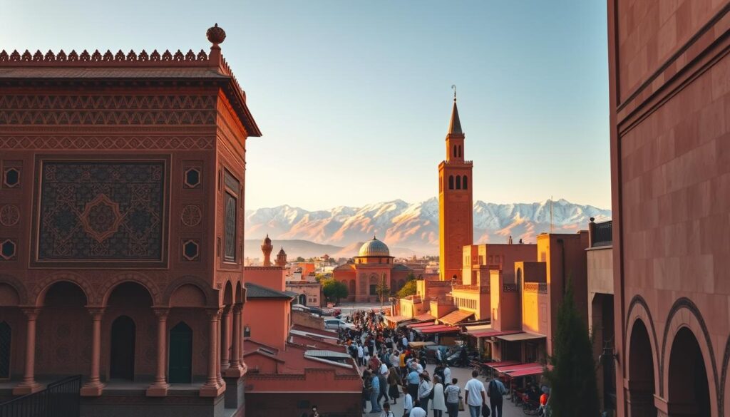 A vibrant scene of Morocco's imperial cities, captured in a wide-angle lens. In the foreground, intricate tilework and ornate archways of the Bahia Palace in Marrakech stand tall, bathed in warm, golden light. In the middle ground, the iconic minaret of the Koutoubia Mosque rises majestically, surrounded by the bustling medina. In the background, the snow-capped Atlas Mountains provide a stunning natural backdrop, conveying a sense of timeless grandeur. The overall atmosphere is one of cultural richness and historical significance, inviting the viewer to explore the wonders of MyVisitMorocco. A vibrant scene of Morocco's imperial cities, captured in a wide-angle lens. In the foreground, intricate tilework and ornate archways of the Bahia Palace in Marrakech stand tall, bathed in warm, golden light. In the middle ground, the iconic minaret of the Koutoubia Mosque rises majestically, surrounded by the bustling medina. In the background, the snow-capped Atlas Mountains provide a stunning natural backdrop, conveying a sense of timeless grandeur. The overall atmosphere is one of cultural richness and historical significance, inviting the viewer to explore the wonders of MyVisitMorocco.