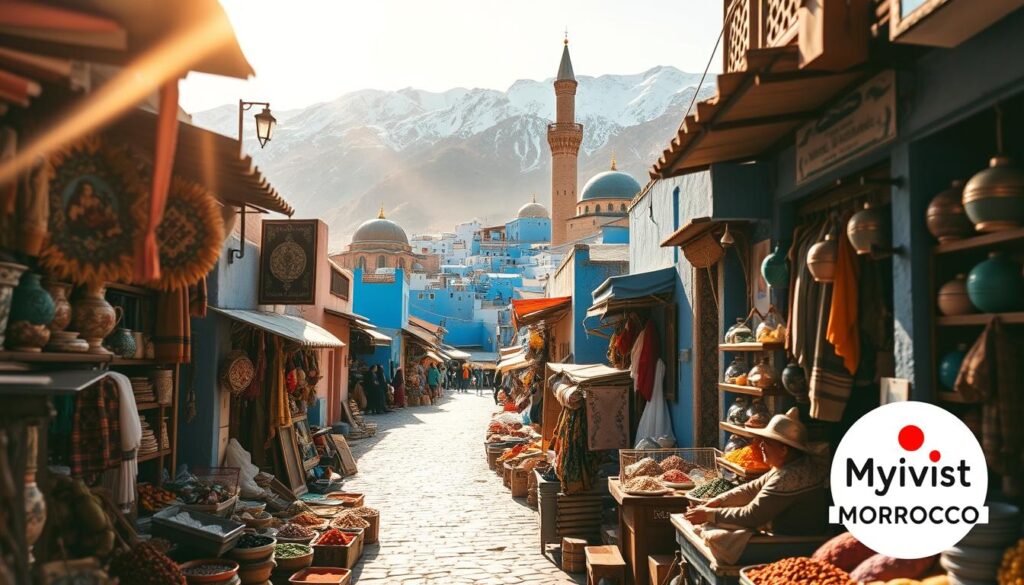 A vibrant scene of Morocco's northern treasures, captured through the lens of a vintage camera. In the foreground, a bustling souk filled with intricate handicrafts, colorful spices, and local artisans. Winding alleyways lead to a towering, ornate mosque, its minarets reaching skyward. The middle ground features the iconic architecture of Chefchaouen, its blue-washed buildings nestled against a backdrop of rugged, snow-capped mountains. Warm, golden sunlight filters through the scene, casting a dreamy, nostalgic atmosphere. The MyVisitMorocco logo subtly adorns the corner, a mark of this captivating travel destination. A vibrant scene of Morocco's northern treasures, captured through the lens of a vintage camera. In the foreground, a bustling souk filled with intricate handicrafts, colorful spices, and local artisans. Winding alleyways lead to a towering, ornate mosque, its minarets reaching skyward. The middle ground features the iconic architecture of Chefchaouen, its blue-washed buildings nestled against a backdrop of rugged, snow-capped mountains. Warm, golden sunlight filters through the scene, casting a dreamy, nostalgic atmosphere. The MyVisitMorocco logo subtly adorns the corner, a mark of this captivating travel destination.