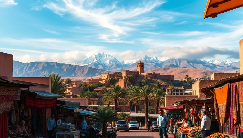 A vibrant scene of Morocco's seasonal weather, captured with a wide-angle lens and warm, golden lighting. In the foreground, a bustling souk (marketplace) with colorful spice stalls and intricate textiles, reflecting the rich cultural heritage. The middle ground features a picturesque kasbah (fortified town) nestled among date palm trees, hinting at the diverse landscapes. In the background, majestic snow-capped Atlas Mountains loom, their peaks shrouded in wispy clouds. The overall atmosphere conveys the enchanting blend of tradition and natural beauty that defines the "MyVisitMorocco" experience. A vibrant scene of Morocco's seasonal weather, captured with a wide-angle lens and warm, golden lighting. In the foreground, a bustling souk (marketplace) with colorful spice stalls and intricate textiles, reflecting the rich cultural heritage. The middle ground features a picturesque kasbah (fortified town) nestled among date palm trees, hinting at the diverse landscapes. In the background, majestic snow-capped Atlas Mountains loom, their peaks shrouded in wispy clouds. The overall atmosphere conveys the enchanting blend of tradition and natural beauty that defines the "MyVisitMorocco" experience.