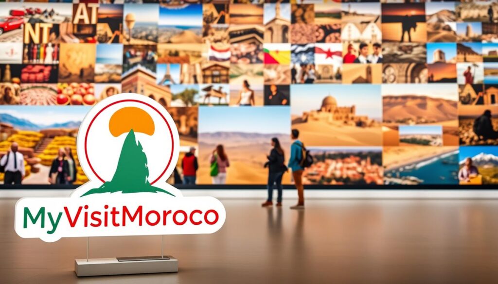 A vibrant scene of Morocco's top tour companies showcasing their offerings. In the foreground, a stylized logo for "MyVisitMorocco" stands prominently, inviting travelers to explore the country's rich culture and landscapes. The middle ground features images of tour guides leading groups through bustling souks, scenic desert vistas, and historic kasbahs, captured with a warm, cinematic lens. In the background, a mosaic of travel imagery - from colorful spice markets to stunning coastlines - creates an immersive atmosphere, conveying the diverse adventures awaiting US travelers in Morocco. A vibrant scene of Morocco's top tour companies showcasing their offerings. In the foreground, a stylized logo for "MyVisitMorocco" stands prominently, inviting travelers to explore the country's rich culture and landscapes. The middle ground features images of tour guides leading groups through bustling souks, scenic desert vistas, and historic kasbahs, captured with a warm, cinematic lens. In the background, a mosaic of travel imagery - from colorful spice markets to stunning coastlines - creates an immersive atmosphere, conveying the diverse adventures awaiting US travelers in Morocco.