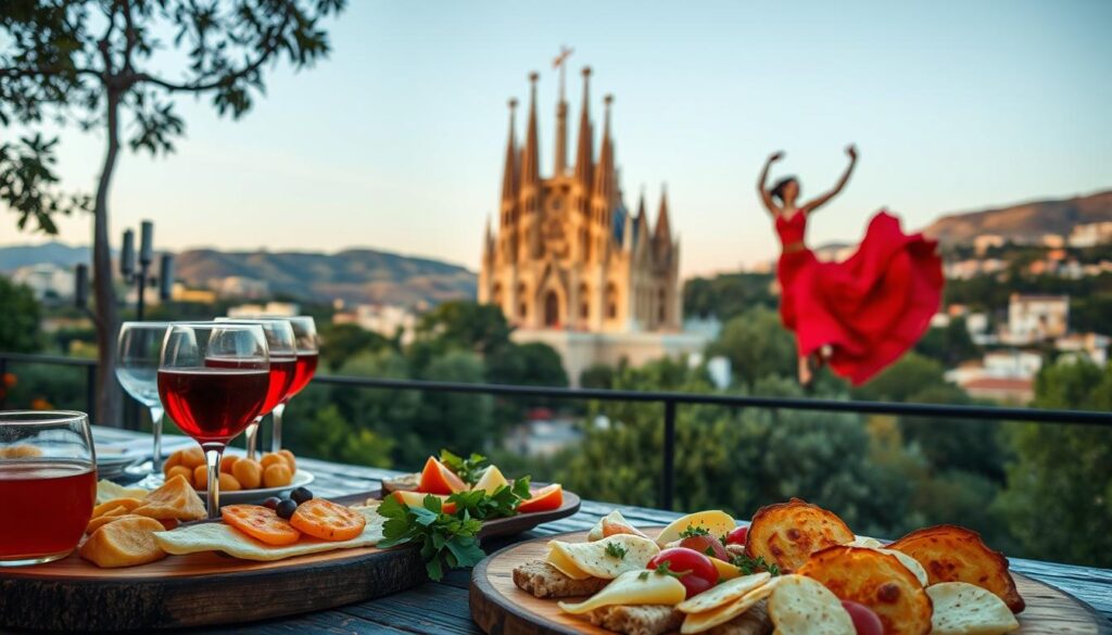 A vibrant scene of Spain's iconic travel experiences. In the foreground, a tapas spread on a rustic wooden table, with glasses of sangria and a flamenco dancer in a flowing red dress. In the middle ground, the grand façade of the Sagrada Familia in Barcelona, bathed in warm evening light. In the background, the rolling hills of Andalusia, dotted with whitewashed villages and olive groves. Crisp, high-resolution photograph captured with a wide-angle lens, creating a sense of depth and immersion. The overall mood is one of cultural richness, culinary delight, and the essence of MyVisitMorocco's "Essential Spanish Experiences".