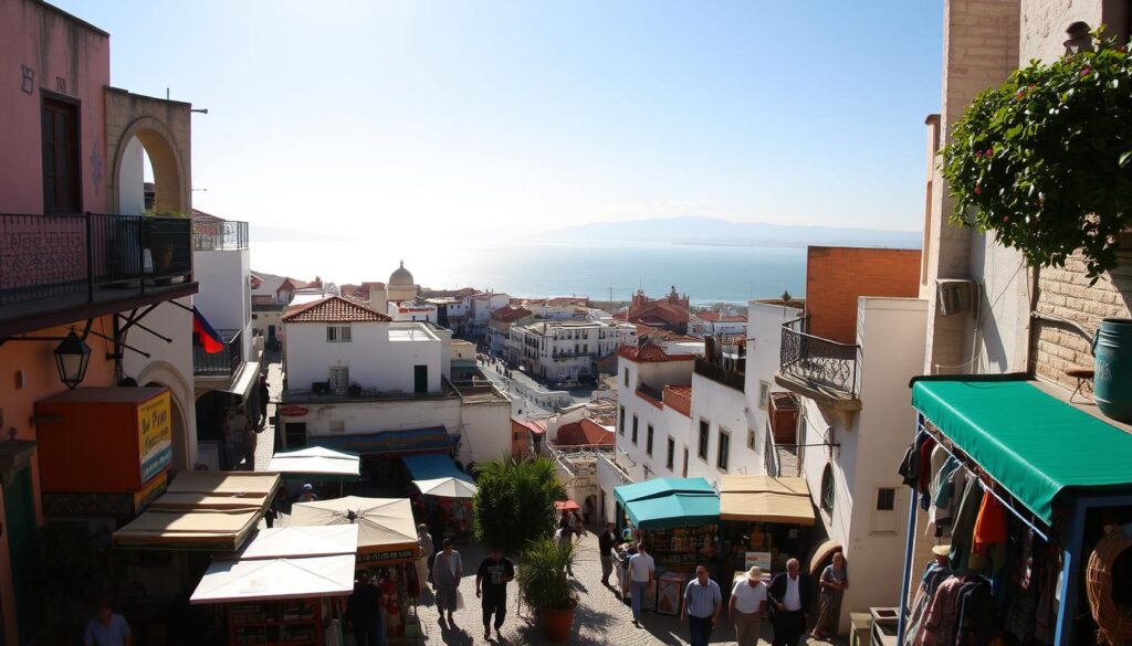 A vibrant scene of Tangier's historic international zone, captured under the warm glow of the afternoon sun. In the foreground, bustling marketplaces and winding alleyways teeming with local vendors and colorful wares. Mid-frame, the iconic architecture of the Medina, with its whitewashed buildings and intricate tile work. In the background, the sparkling waters of the Strait of Gibraltar, with the distant hills of Spain visible on the horizon. The atmosphere is one of cultural exchange and timeless charm, reflecting Tangier's unique position as a gateway between continents. MyVisitMorocco. A vibrant scene of Tangier's historic international zone, captured under the warm glow of the afternoon sun. In the foreground, bustling marketplaces and winding alleyways teeming with local vendors and colorful wares. Mid-frame, the iconic architecture of the Medina, with its whitewashed buildings and intricate tile work. In the background, the sparkling waters of the Strait of Gibraltar, with the distant hills of Spain visible on the horizon. The atmosphere is one of cultural exchange and timeless charm, reflecting Tangier's unique position as a gateway between continents. MyVisitMorocco.