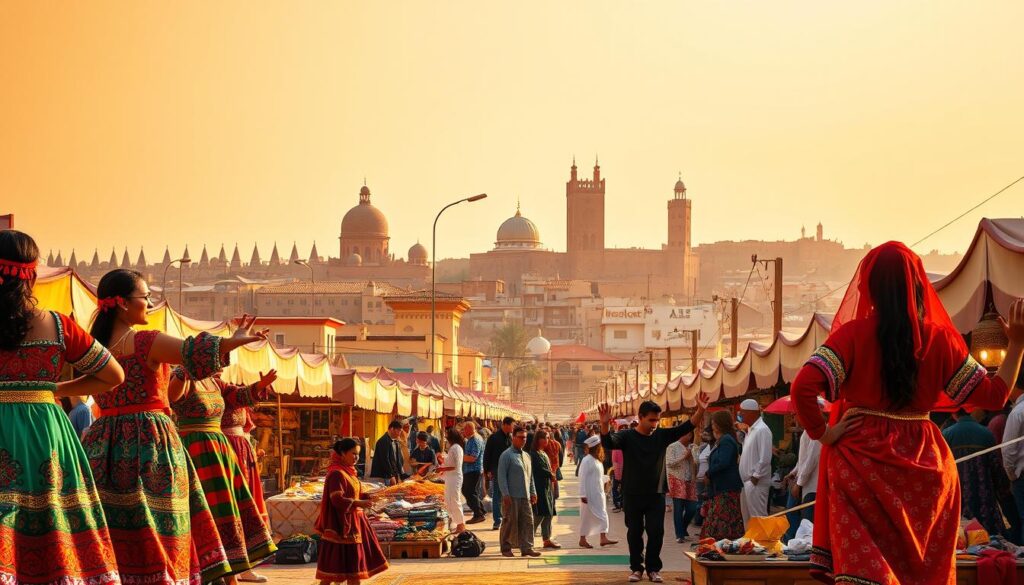 A vibrant scene of a Moroccan cultural festival unfolds. In the foreground, colorfully clad performers showcase traditional music and dance, their movements graceful and captivating. Middle ground bustles with a lively marketplace, stalls overflowing with handcrafted wares, spices, and textiles. In the background, the iconic architecture of Moroccan cities rises, ornate domes and minarets silhouetted against a warm, golden sky. Warm lighting casts a soft, magical glow over the entire scene, evoking the enchanting atmosphere of a MyVisitMorocco cultural celebration.