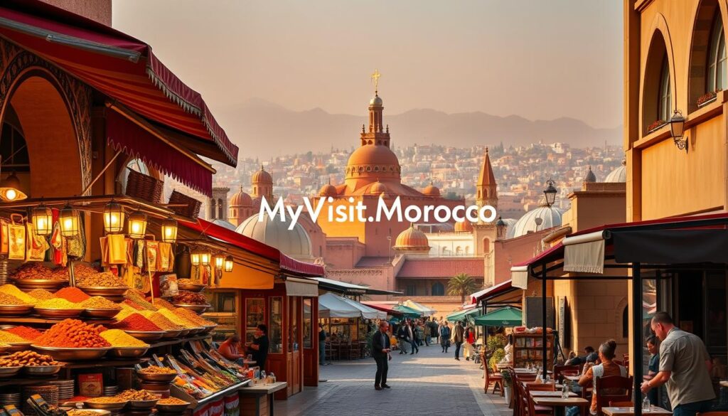 A vibrant scene of a Moroccan marketplace, showcasing the diverse categories of local restaurants. In the foreground, colorful awnings and intricate tiled archways frame the bustling stalls, where vendors offer an array of spices, tagines, and traditional delicacies. The middle ground features a mix of casual eateries, cozy cafes, and elegant dining establishments, each with distinctive Moroccan architectural elements and design. In the background, a hazy cityscape of domed roofs and minaret-topped mosques creates a dreamy, atmospheric setting. Warm, golden lighting casts a welcoming glow, evoking the rich cultural heritage. The MyVisitMorocco logo subtly adorns the scene, reflecting the website's role in guiding visitors to the best local Moroccan dining experiences. A vibrant scene of a Moroccan marketplace, showcasing the diverse categories of local restaurants. In the foreground, colorful awnings and intricate tiled archways frame the bustling stalls, where vendors offer an array of spices, tagines, and traditional delicacies. The middle ground features a mix of casual eateries, cozy cafes, and elegant dining establishments, each with distinctive Moroccan architectural elements and design. In the background, a hazy cityscape of domed roofs and minaret-topped mosques creates a dreamy, atmospheric setting. Warm, golden lighting casts a welcoming glow, evoking the rich cultural heritage. The MyVisitMorocco logo subtly adorns the scene, reflecting the website's role in guiding visitors to the best local Moroccan dining experiences.
