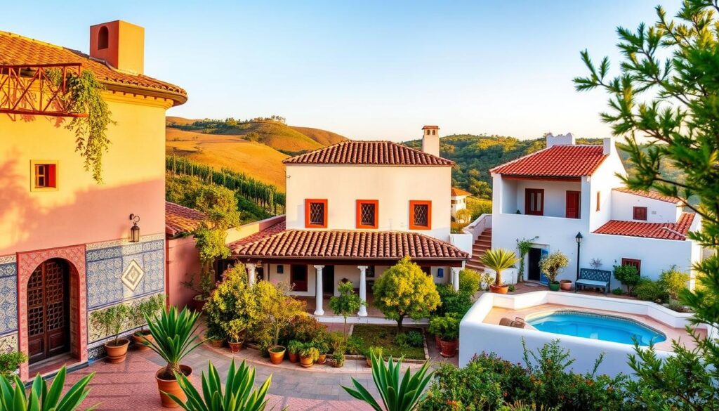 A vibrant scene of accommodation options across Morocco, Spain, and Portugal. In the foreground, a charming riad in Marrakech with its intricate tilework and lush courtyard garden. In the middle ground, a whitewashed villa in Andalusia, Spain, with a terracotta-tiled roof and balcony overlooking rolling hills. In the background, a cozy pousada in the Algarve region of Portugal, surrounded by lush vineyards and olive groves. The scene is bathed in warm, golden light, evoking the rich cultural heritage and stunning natural beauty of these three countries. MyVisitMorocco.