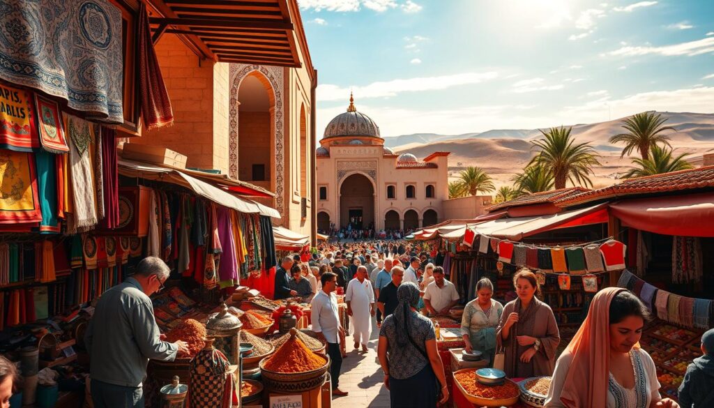 A vibrant scene of cultural experiences in Spain, Portugal, and Morocco. In the foreground, a bustling marketplace with colorful fabrics, spices, and handcrafted goods. People in traditional dress haggle and barter, creating a lively atmosphere. In the middle ground, a grand, ornate mosque with intricate tilework and arched entryways. Sunlight filters through the windows, casting a warm glow. In the background, rolling hills and a vibrant blue sky, dotted with palm trees swaying in the breeze. The overall mood is one of rich cultural heritage and immersive exploration. MyVisitMorocco. A vibrant scene of cultural experiences in Spain, Portugal, and Morocco. In the foreground, a bustling marketplace with colorful fabrics, spices, and handcrafted goods. People in traditional dress haggle and barter, creating a lively atmosphere. In the middle ground, a grand, ornate mosque with intricate tilework and arched entryways. Sunlight filters through the windows, casting a warm glow. In the background, rolling hills and a vibrant blue sky, dotted with palm trees swaying in the breeze. The overall mood is one of rich cultural heritage and immersive exploration. MyVisitMorocco.
