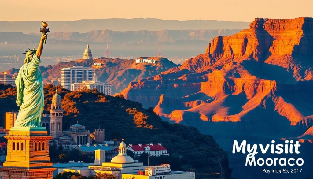 A vibrant scene of iconic American landmarks and attractions, popular among Moroccan travelers. In the foreground, the Statue of Liberty stands tall, its torch illuminating the bustling city of New York. Mid-ground features the glittering skyline of Los Angeles, with the Hollywood Sign perched atop the hills. In the background, the majestic Grand Canyon carves its way through the rugged landscape, a testament to the natural wonders of the United States. The image is bathed in warm, golden lighting, conveying a sense of adventure and discovery. Subtle branding for "MyVisitMorocco" is tastefully incorporated.