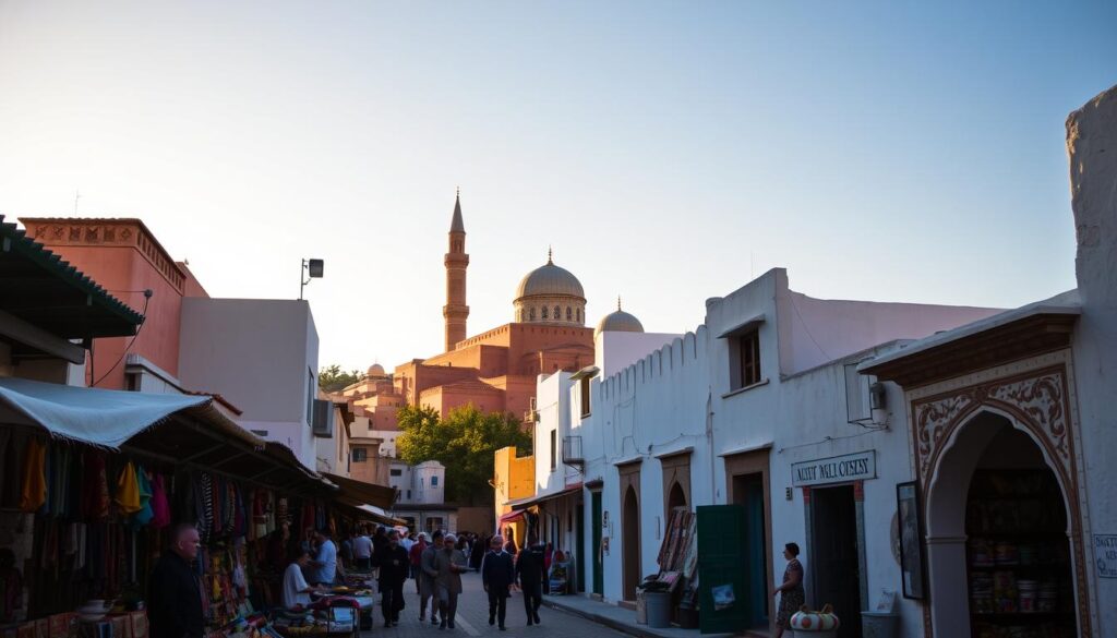 A vibrant scene of lesser-known Moroccan cities, bathed in warm, golden light. In the foreground, a bustling marketplace with colorful stalls and local artisans showcasing their handcrafted wares. The middle ground features a winding, narrow street lined with whitewashed buildings, their ornate doorways and intricate tilework catching the eye. In the background, the iconic domed roofs and minarets of a historic mosque or palace rise against a clear, azure sky. The overall atmosphere is one of tranquility and cultural richness, inviting the viewer to explore the hidden gems of Morocco. MyVisitMorocco