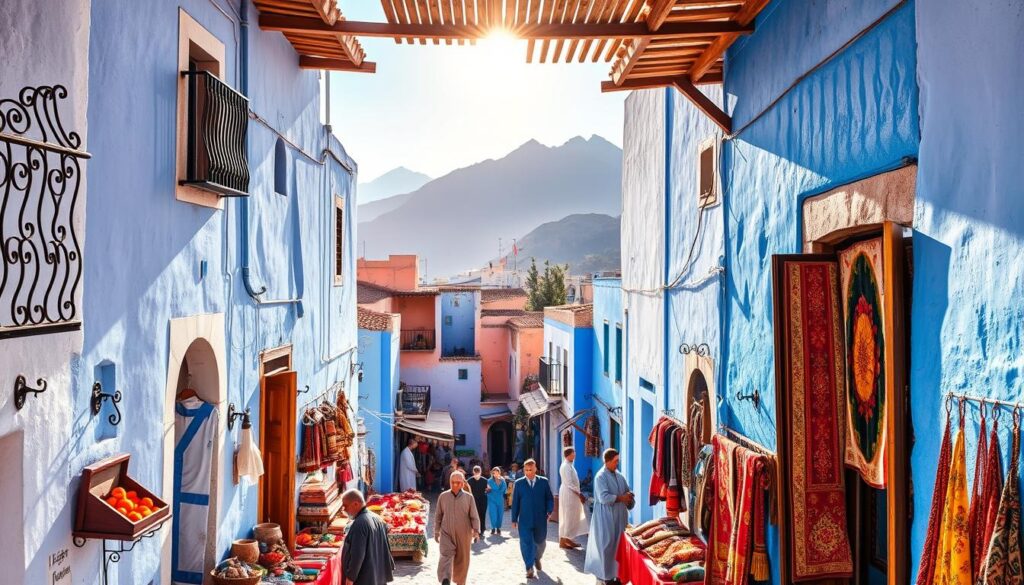 A vibrant scene of the Chefchaouen medina, the "Blue Pearl of Morocco". Narrow alleyways wind through a maze of whitewashed buildings, their walls aglow in shades of brilliant azure. Wrought-iron balconies and ornate doorways accentuate the Moorish architecture. Sunlight filters through the slatted wooden roofs, casting a warm, golden glow over the bustling marketplace below. Vendors in traditional djellaba robes peddle their wares - colorful spices, hand-woven rugs, and intricate silver jewelry. In the distance, the jagged peaks of the Rif Mountains rise up, providing a dramatic backdrop. This scene, captured by MyVisitMorocco, evokes the timeless charm and vibrant culture of Chefchaouen.