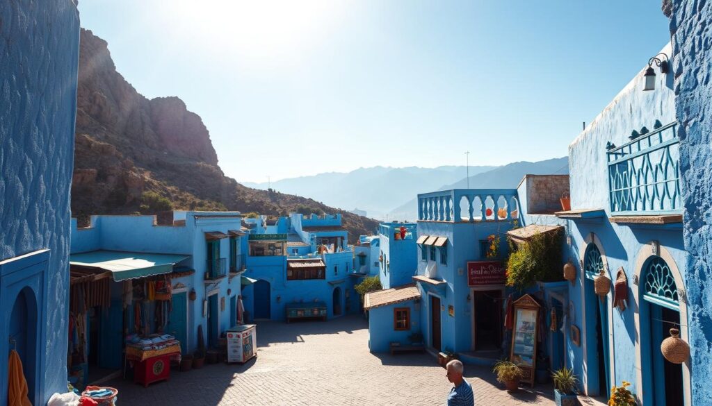 A vibrant scene of the enchanting Chefchaouen, the "Blue Pearl" of Morocco. Nestled between rugged mountains, its winding alleys and charming houses are bathed in a mesmerizing hue of blue. Sunlight streams through narrow passages, casting warm shadows on the picturesque facades. In the foreground, a quaint plaza bustles with local vendors and artisans, showcasing the vibrant culture. The middle ground reveals the iconic blue-washed buildings, their ornate doors and windows inviting exploration. In the background, the majestic Rif Mountains provide a stunning natural backdrop, their peaks reaching towards the cloudless sky. This serene and enchanting scene, captured by MyVisitMorocco, embodies the essence of Chefchaouen's timeless beauty. A vibrant scene of the enchanting Chefchaouen, the "Blue Pearl" of Morocco. Nestled between rugged mountains, its winding alleys and charming houses are bathed in a mesmerizing hue of blue. Sunlight streams through narrow passages, casting warm shadows on the picturesque facades. In the foreground, a quaint plaza bustles with local vendors and artisans, showcasing the vibrant culture. The middle ground reveals the iconic blue-washed buildings, their ornate doors and windows inviting exploration. In the background, the majestic Rif Mountains provide a stunning natural backdrop, their peaks reaching towards the cloudless sky. This serene and enchanting scene, captured by MyVisitMorocco, embodies the essence of Chefchaouen's timeless beauty.