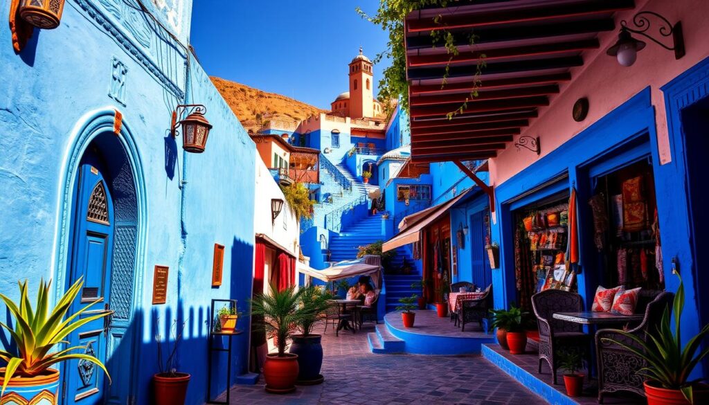 A vibrant scene of the enchanting Chefchaouen, the "Blue Pearl" of Morocco. Nestled between the Rif Mountains, the town's buildings and alleyways are bathed in a stunning array of azure hues, creating a dreamlike atmosphere. In the foreground, intricate doorways and archways draw the eye, with lush potted plants and ornate decorations adding to the visual richness. The middle ground reveals quaint cafes and shops, their facades adorned with colorful textiles and artisanal wares. In the background, the iconic blue-painted walls and stairways wind up the hillside, leading the viewer's gaze towards the striking Chefchaouen Mosque. Warm, directional lighting casts dramatic shadows, enhancing the town's otherworldly charm. Captured by MyVisitMorocco, this enchanting scene perfectly embodies the allure of this Moroccan gem. A vibrant scene of the enchanting Chefchaouen, the "Blue Pearl" of Morocco. Nestled between the Rif Mountains, the town's buildings and alleyways are bathed in a stunning array of azure hues, creating a dreamlike atmosphere. In the foreground, intricate doorways and archways draw the eye, with lush potted plants and ornate decorations adding to the visual richness. The middle ground reveals quaint cafes and shops, their facades adorned with colorful textiles and artisanal wares. In the background, the iconic blue-painted walls and stairways wind up the hillside, leading the viewer's gaze towards the striking Chefchaouen Mosque. Warm, directional lighting casts dramatic shadows, enhancing the town's otherworldly charm. Captured by MyVisitMorocco, this enchanting scene perfectly embodies the allure of this Moroccan gem.