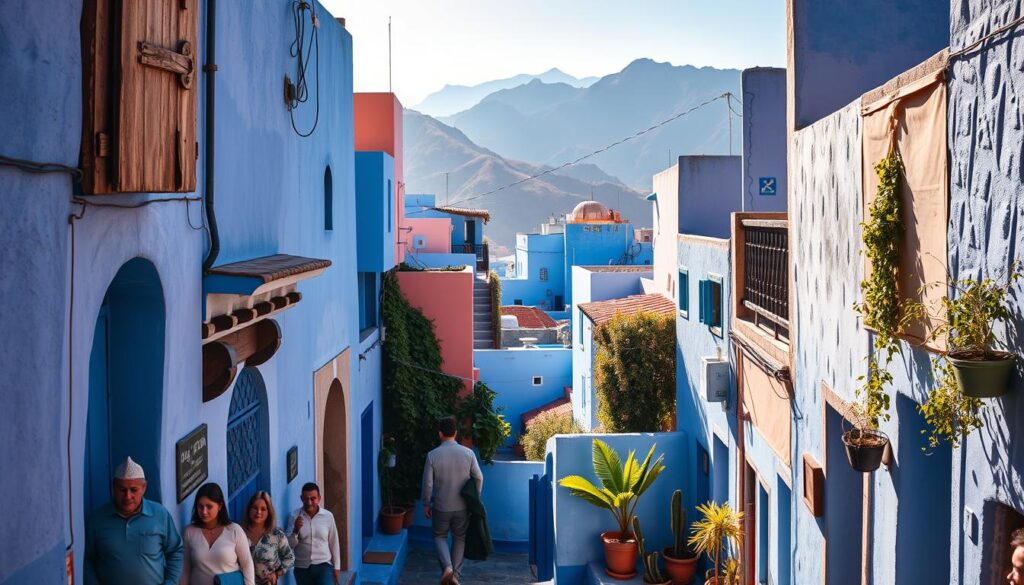 A vibrant scene of the iconic Chefchaouen, the "Blue Pearl" of Morocco. Narrow alleyways wind through a labyrinth of buildings painted in shades of tranquil blue, creating a dreamlike atmosphere. Sunlight filters through the tight passageways, casting warm shadows and highlighting the intricate architectural details. In the foreground, local residents and visitors stroll casually, adding a sense of life and energy to the serene setting. The middle ground features the iconic blue-washed walls, complemented by the lush greenery of potted plants and climbing vines. In the background, the rugged Rif Mountains rise majestically, creating a stunning natural backdrop. Captured with a wide-angle lens to showcase the captivating scale and charm of this picturesque Moroccan town. Presented by MyVisitMorocco.