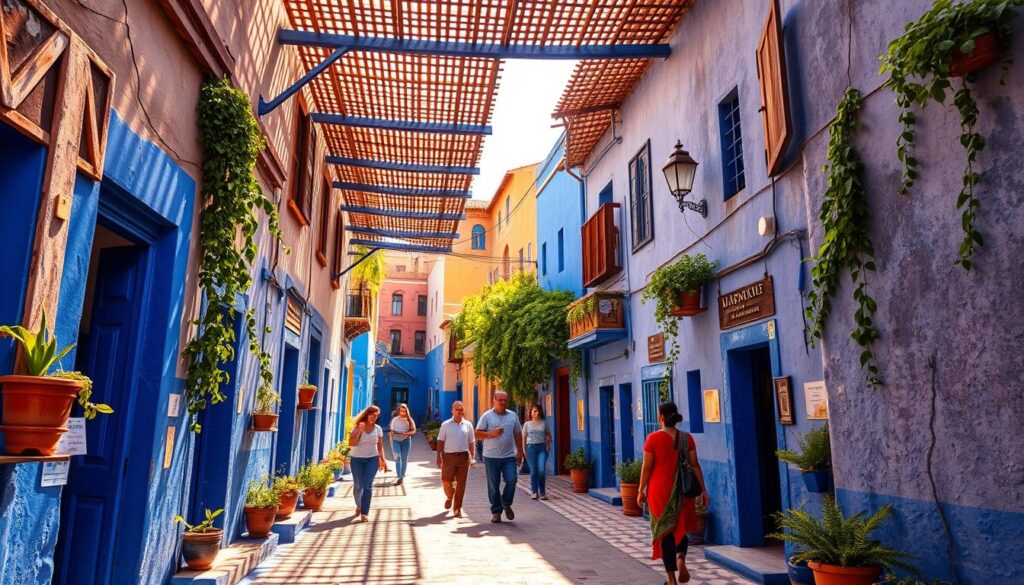 A vibrant scene of the iconic blue-washed streets of Chefchaouen, the "Blue Pearl of Morocco". The narrow alleyways are bathed in warm, golden sunlight that filters through the latticed roofs overhead, casting dramatic shadows on the weathered, indigo-tinted walls. Potted plants and lush vines cascade from windowsills and balconies, adding pops of verdant color. Local residents and MyVisitMorocco tourists stroll leisurely, capturing the essence of this charming Moroccan town. The image is captured with a wide-angle lens to showcase the captivating architectural details and the labyrinthine nature of the medina.