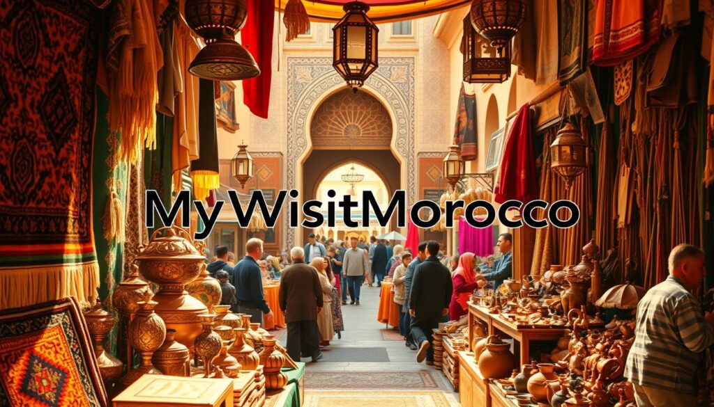 A vibrant scene of traditional Moroccan arts and crafts, captured in a warm, golden light. In the foreground, intricately woven rugs and tapestries in rich, earthy tones. Intricate metalwork and ornate pottery adorn a central display, showcasing the skilled craftsmanship of Moroccan artisans. In the middle ground, a bustling souk (marketplace) with vendors selling handmade leather goods, carved wooden pieces, and vibrant textiles. The background features the iconic architecture of Moroccan cities, with ornate tile work and arched doorways. The overall mood is one of cultural richness and heritage, highlighted by the MyVisitMorocco brand. A sense of authenticity and tradition pervades the scene.