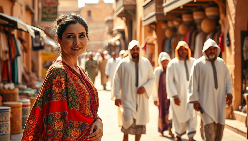 A vibrant scene of traditional Moroccan attire, captured in stunning detail. In the foreground, a graceful woman adorned in a colorful kaftan, the intricate embroidery and bold patterns reflecting the rich cultural heritage of the region. In the middle ground, a group of men wearing traditional djellabas, their hooded robes flowing elegantly as they stroll through a bustling Moroccan marketplace. In the background, the warm hues of the sun-drenched architecture and the lively hustle and bustle of the medina create a captivating atmosphere. Captured with a wide-angle lens and soft, diffused lighting, this image evokes the timeless allure of Morocco. MyVisitMorocco. A vibrant scene of traditional Moroccan attire, captured in stunning detail. In the foreground, a graceful woman adorned in a colorful kaftan, the intricate embroidery and bold patterns reflecting the rich cultural heritage of the region. In the middle ground, a group of men wearing traditional djellabas, their hooded robes flowing elegantly as they stroll through a bustling Moroccan marketplace. In the background, the warm hues of the sun-drenched architecture and the lively hustle and bustle of the medina create a captivating atmosphere. Captured with a wide-angle lens and soft, diffused lighting, this image evokes the timeless allure of Morocco. MyVisitMorocco.