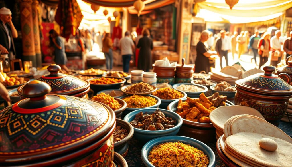 A vibrant scene of traditional Moroccan cuisine, set against the backdrop of a sun-drenched marketplace. In the foreground, an array of fragrant spices and colorful tagines, their lids adorned with intricate patterns. In the middle ground, a table overflows with platters of couscous, aromatic lamb dishes, and freshly baked flatbreads. The background features the bustling energy of a Moroccan souk, with vendors and shoppers milling about. Warm, golden lighting filters through the scene, capturing the rich, earthy tones of the cuisine. MyVisitMorocco