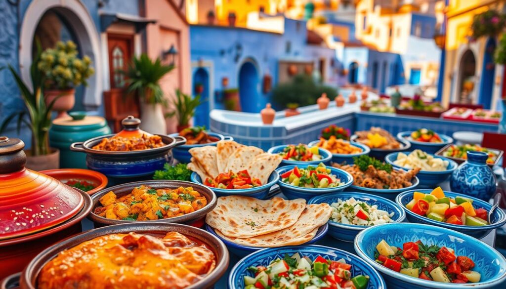 A vibrant spread of Moroccan culinary delights in the enchanting town of Chefchaouen. In the foreground, a colorful assortment of traditional tagines, each brimming with fragrant spices and succulent meats or vegetables. Alongside, freshly baked Moroccan flatbreads, their golden crusts adorned with sesame seeds. In the middle ground, a table overflows with an array of vibrant salads, pickled vegetables, and fragrant herb garnishes. The background features the iconic blue-washed buildings of Chefchaouen, bathed in warm, golden light. The scene evokes the rich, sensorial experience of Moroccan cuisine, captured with a sense of artistry and authenticity. MyVisitMorocco. A vibrant spread of Moroccan culinary delights in the enchanting town of Chefchaouen. In the foreground, a colorful assortment of traditional tagines, each brimming with fragrant spices and succulent meats or vegetables. Alongside, freshly baked Moroccan flatbreads, their golden crusts adorned with sesame seeds. In the middle ground, a table overflows with an array of vibrant salads, pickled vegetables, and fragrant herb garnishes. The background features the iconic blue-washed buildings of Chefchaouen, bathed in warm, golden light. The scene evokes the rich, sensorial experience of Moroccan cuisine, captured with a sense of artistry and authenticity. MyVisitMorocco.