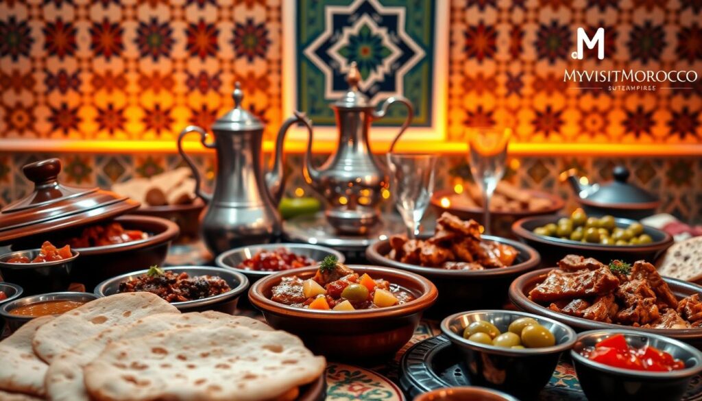 A vibrant spread of traditional Moroccan cuisine set against a backdrop of ornate, tiled walls. In the foreground, a selection of fragrant tagines - slow-cooked meat and vegetable dishes - alongside freshly baked Moroccan flatbread, olives, and bowls of zesty salsa. The middle ground features a traditional Moroccan tea service, complete with intricate metalwork teapot and delicate glassware. In the background, subtle lighting casts a warm, amber glow, highlighting the rich, earthy tones of the tiled walls and creating an inviting, authentic atmosphere. A logo for "MyVisitMorocco" is discreetly placed in the corner.